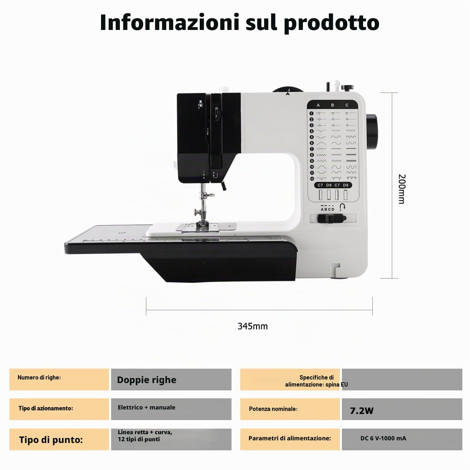 738 Macchina Da Cucire Con 12 Punti Di Cucitura, Macchina Da Cucire Elettrica A Doppio Filo, Con Tavolo Di Allungamento, Luce Led Antiriflesso, Eu Plug