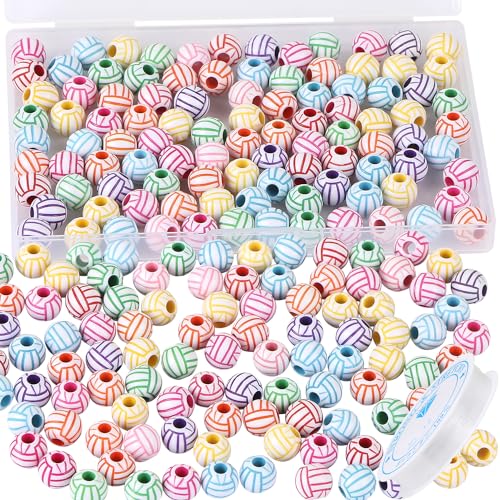 100pcs Volleyball Beads with 5.5 Yard Elastic Rope Acrylic Sports Beads DIY Spacer for Necklace Bracelet Keychains Handmade Jewelry Making Accessories Craft Supplies 12mm(Rainbow Volleyball)