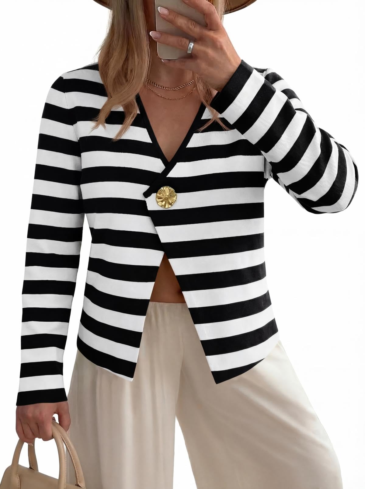Saodimallsu Strickjacke Damen Langarm Gestreifte Cardigan V-Ausschnitt Leicht Open Front Sweater Slim Fit Elegant Strickcardigan mit Knöpfen