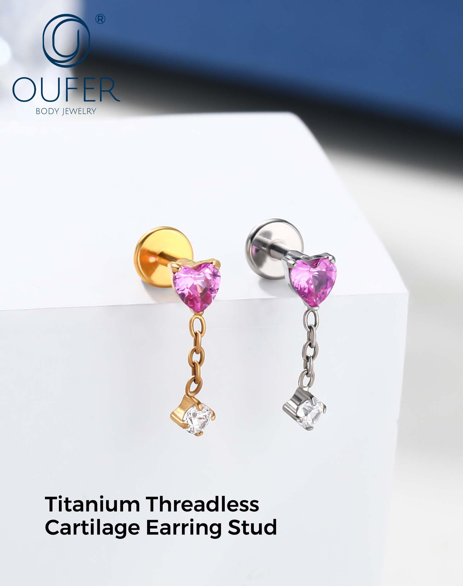 OUFER Body Piercing Labret Stud: 18G Threadless Titanium Heart CZ Labret Piercing Jewelry for Women 6mm Bar Gold/Silver Cartilage Tragus Helix Earring Lip Piercings — view 3