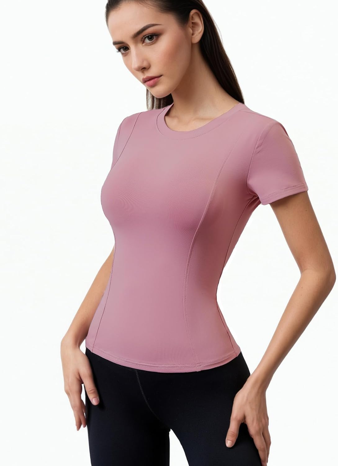 Women Elastic Workout Shirts Breathable Compression Quick Dry Gym Lightweight Basic Fitted Tops - Image 3
