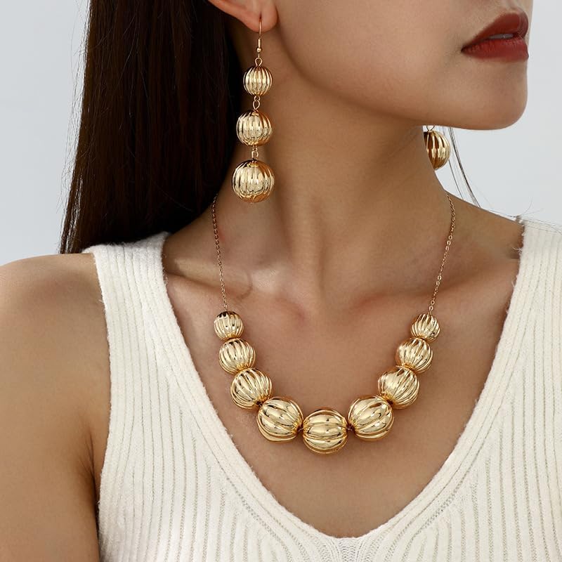 Chunky Lucky Bead Graduated Ribbed Sphere Necklace Earrings Jewelry Set For Women Statement Glam Elegant Party Adjustable Chain Gold Color - Image 2