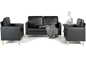 AILEEKISS Sofa Couch Set, Mid-Century Faux-Leather Lobby Sectional for Reception Area or Lounge