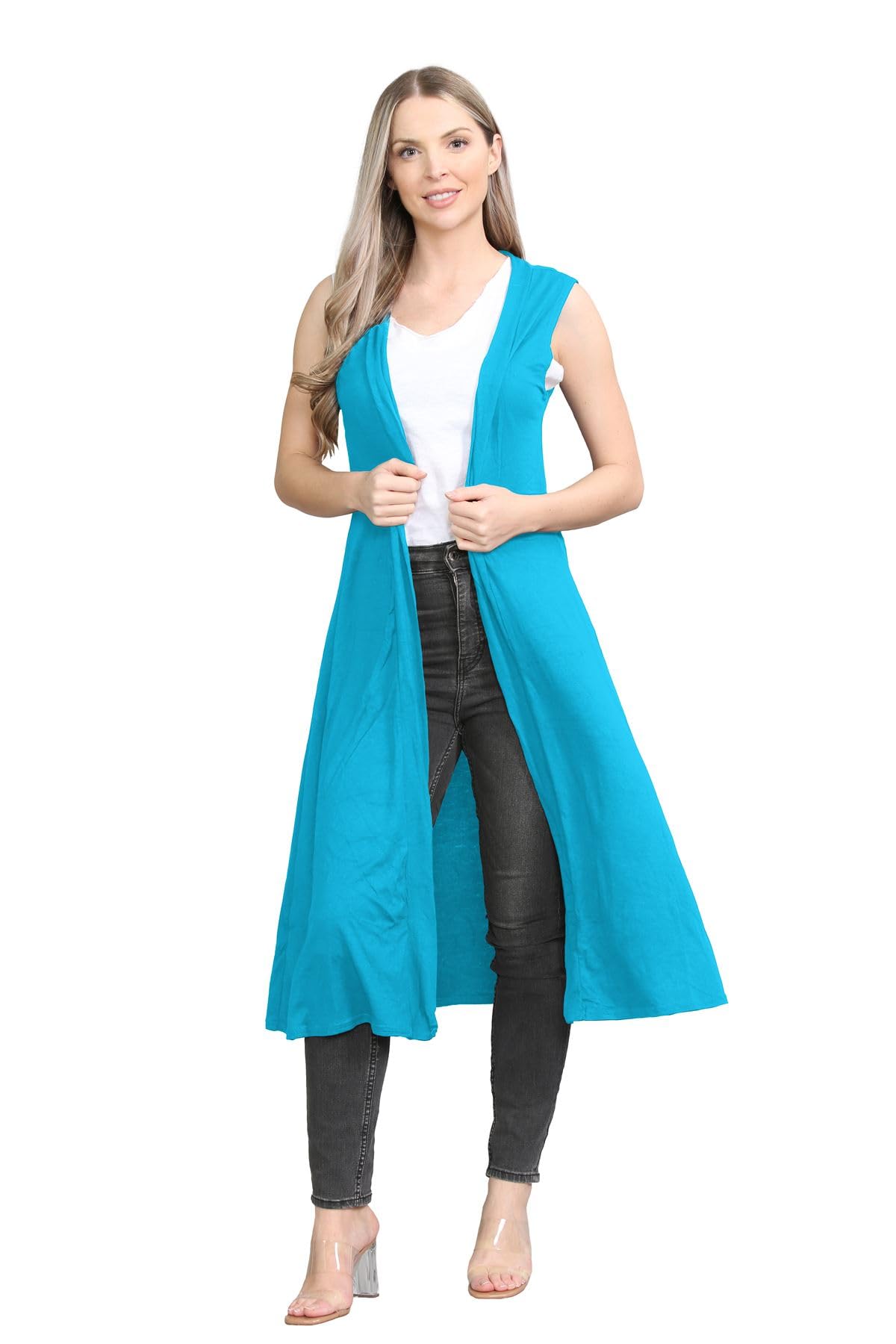 janisramone® Sleeveless Cardigans for Women UK, Stylish and Versatile Plain Open Collared Long Maxi Boyfriend Cardigan Perfect for Layering Over Summer Dresses Turquoise