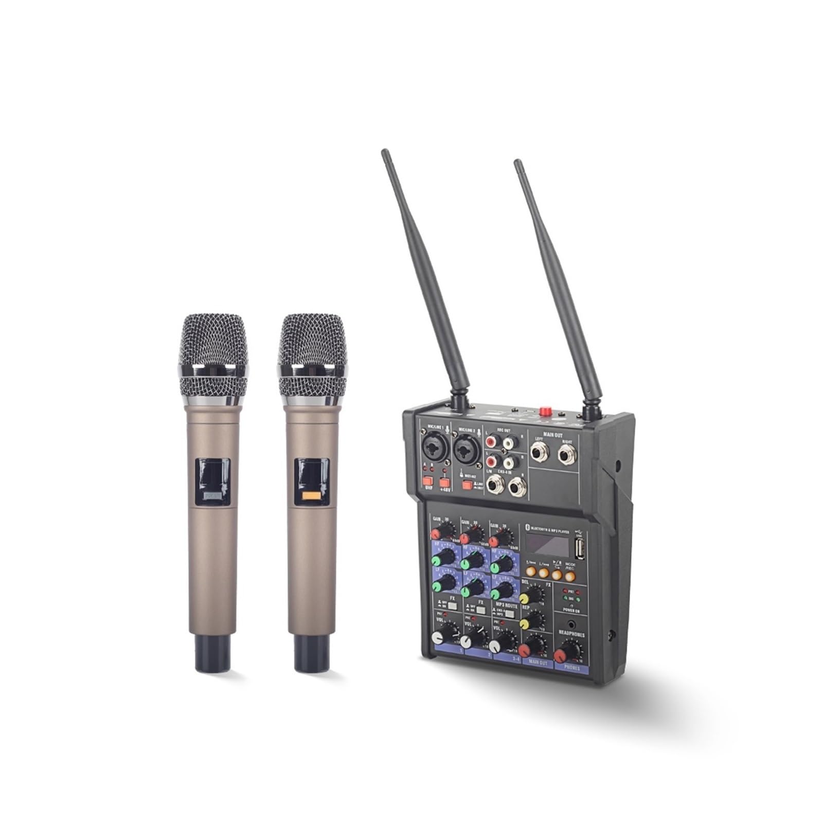 Mikser dźwięku, Mikser audio DJ, 4-kanałowa konsola z bezprzewodowym mikrofonem UHF, miksowanie dźwięku, zasilanie Phantom 48 V, studio