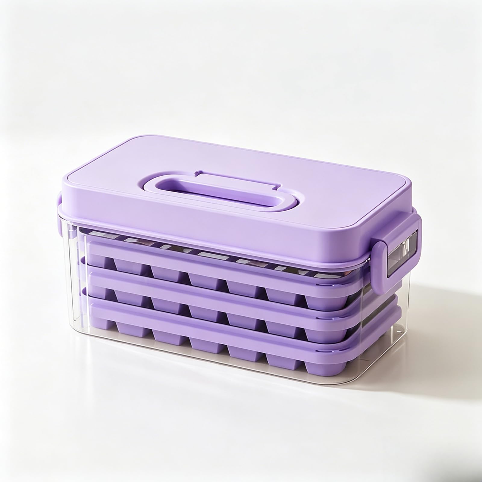 ice Tray Mold Tray with Lid and Bin (Purple, Three-Compartment ice Box)