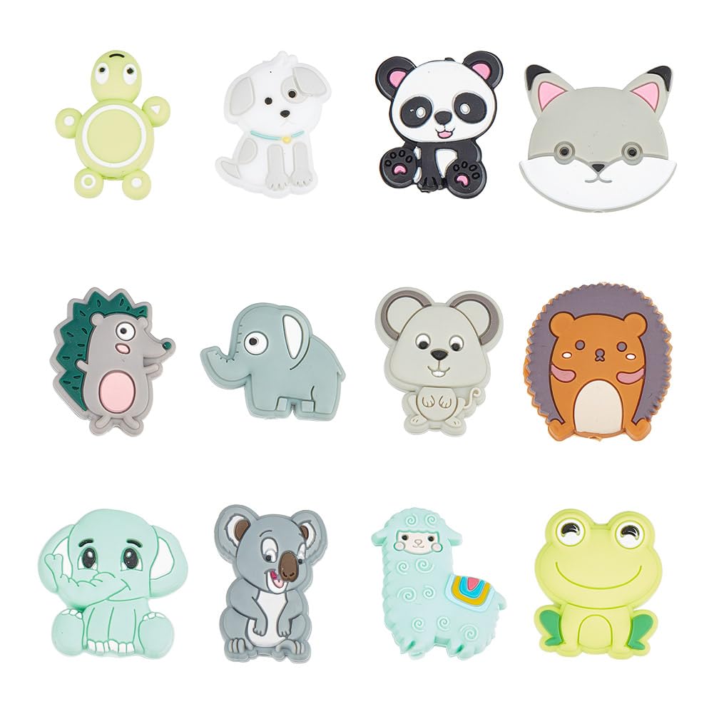 GOMAKERER 12 Pcs 12 Styles Silicone Focal Beads, Frog Fox Panda Silicone Beads Cute Animal Rubber Beads Loose Spacer Beads for Beaded Pen Kaychain Necklaces Jewelry Making Crafts