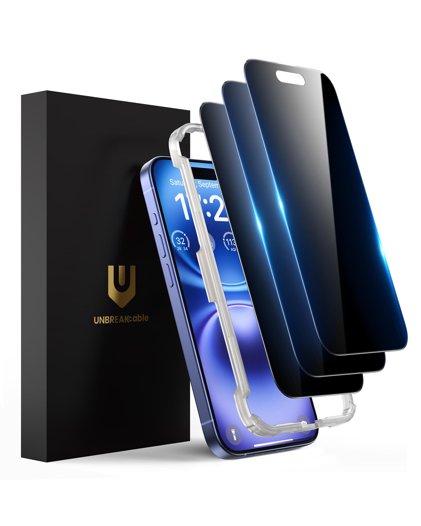 UNBREAKcable Privacy Screen Protector for iPhone 16 (6.1"), 25° Anti-Spy Tempered Glass, Easy Install Alignment Frame, Case-Friendly, 9H Hardness, Anti-Fingerprint, 3-Pack