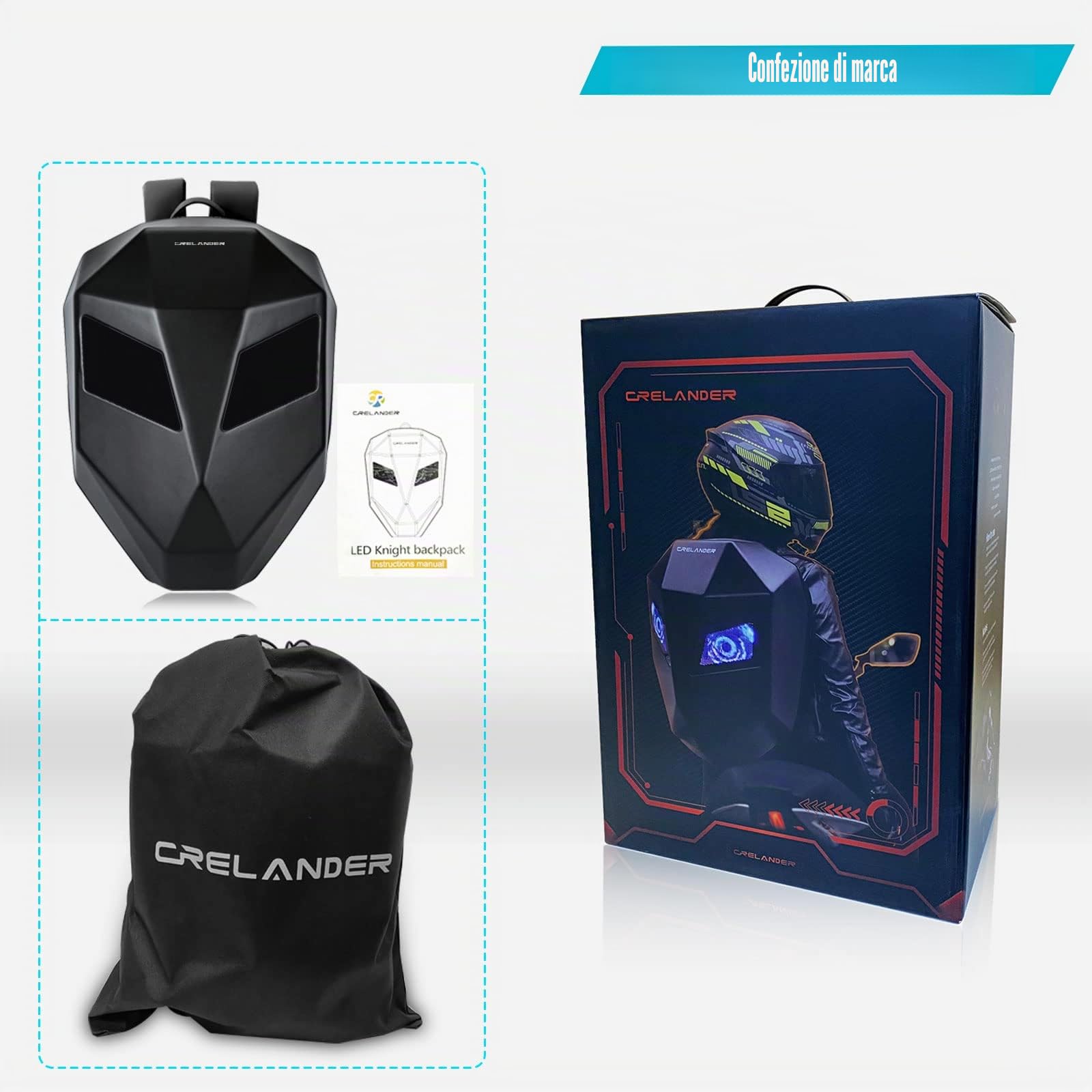 Crelander Zaino da moto, con LED programmabile Knight, borsa rigida per computer portatile, zaino per casco da motociclista