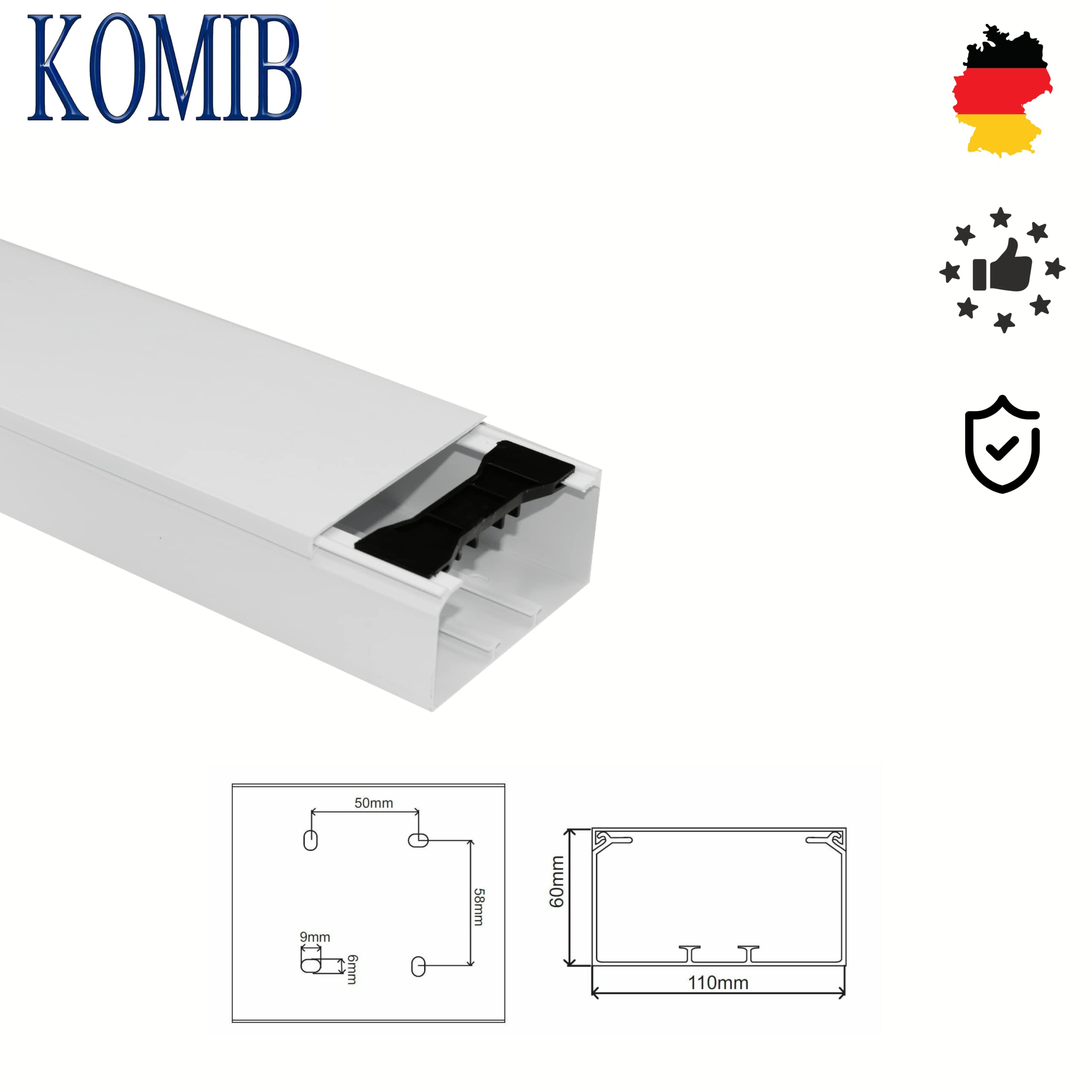 KOMIB - KK11060RW-8M Kabelkanal 110 x 60 x 2000mm Reinweiß (mit Kabelhalterklammer) 8 Meter - 4 x 2m / VDE