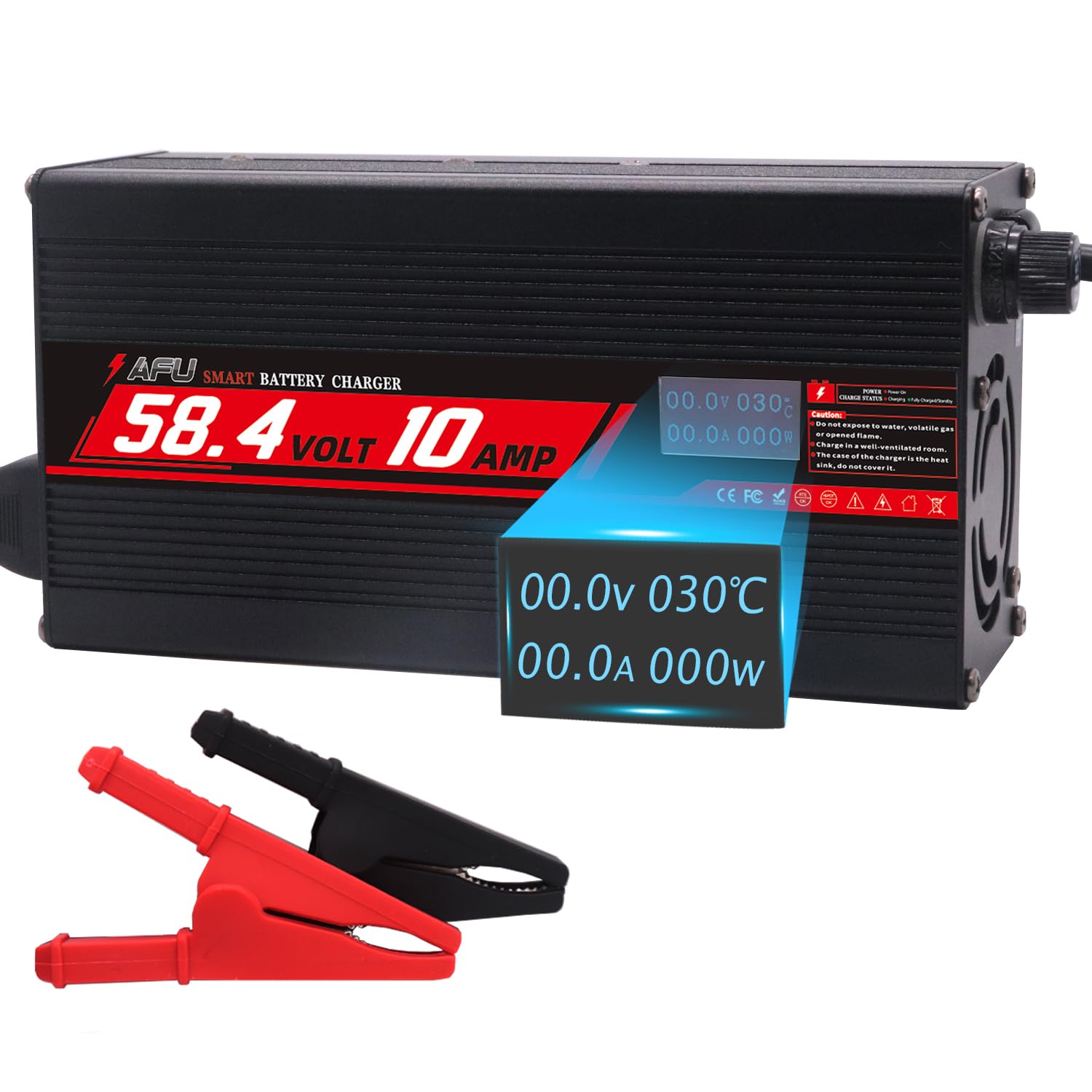 58.4V 10A Charger 48V LiFePO4 Battery Charger with OLED Charging Display for 16S 48V LiFePO4 Battery Pack Smart Charger (DC Alligator Clip Connector)