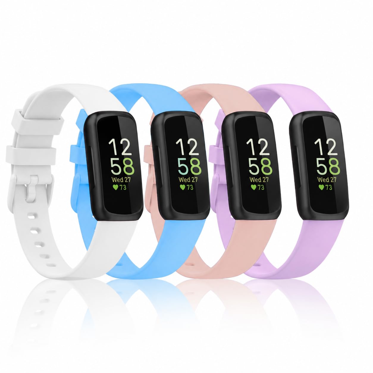Aragon Flow 4 Pack Compatible with Fitbit Inspire 3 Strap for Women and Men, Soft Silicone Sport Replacement Bands, Adjustable Fitness Tracker Accessories in White Pink Purple Blue