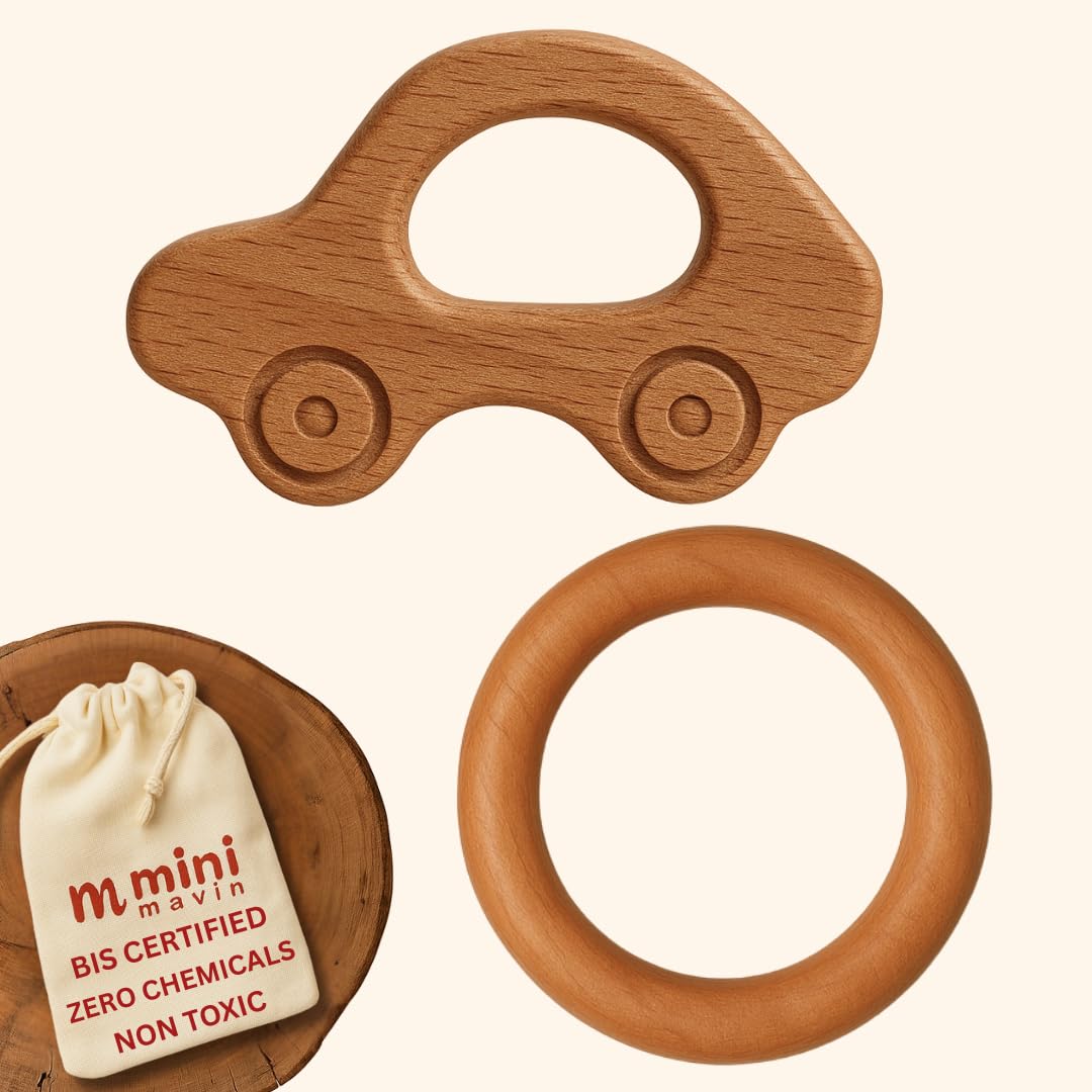 MINIMAVIN "Natural and Chemical-Free Neem Wood Teethers | bpa free wooden teether for 6 to 12 months baby | Anti-Bacterial and Anti-Fungal | Silicone-Free, Safe Teething Toy | Antibacterial | 0-12 Months | Wooden Teether (CAR+RING(Set of 2))-image-28