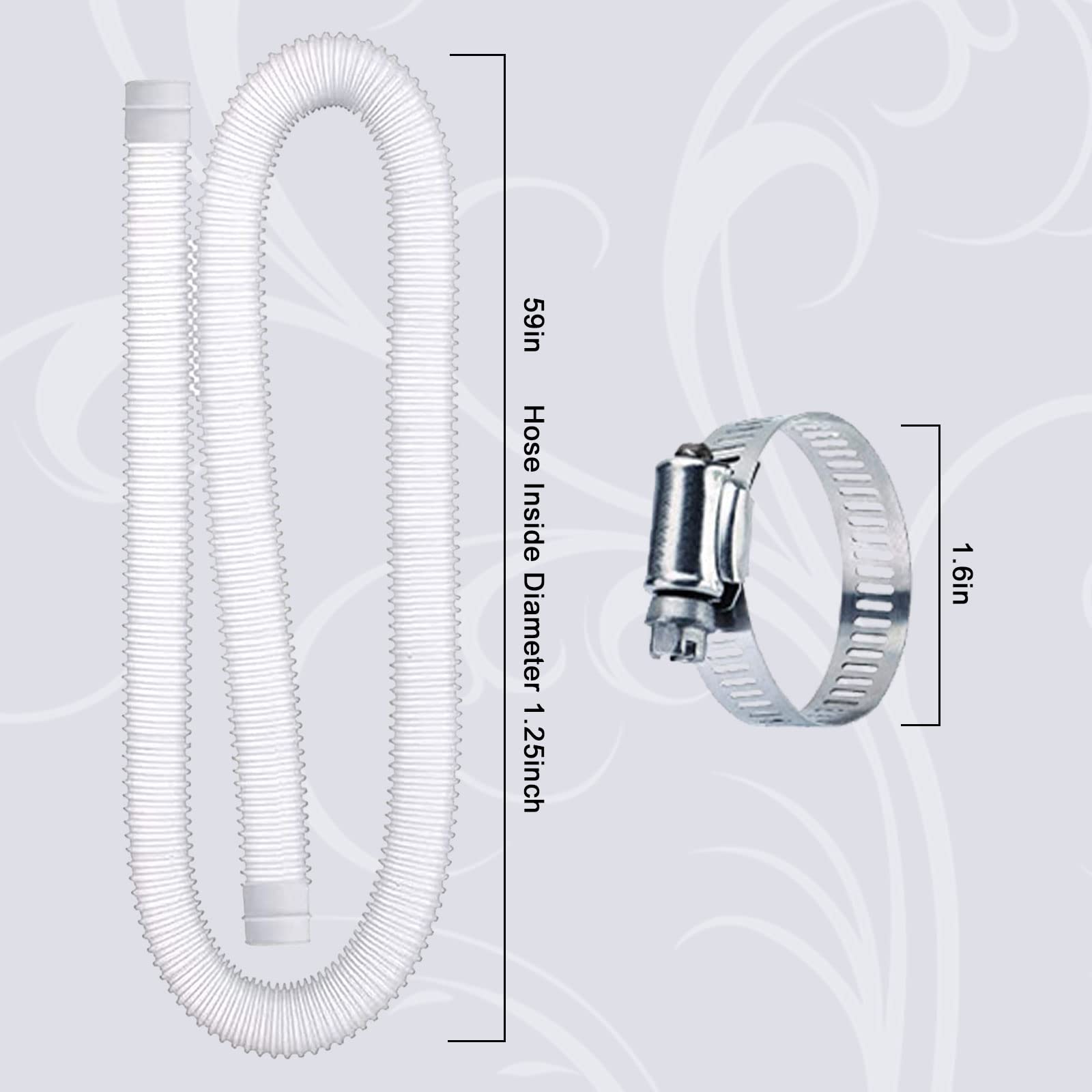 Lote de 4 mangueras de repuesto de piscina, con 8 conectores roscados de metal, para manguera de succión bomba de piscina fuera, tubos de piscina Ø 32 mm, (longitud 1,5 m, blanco)
