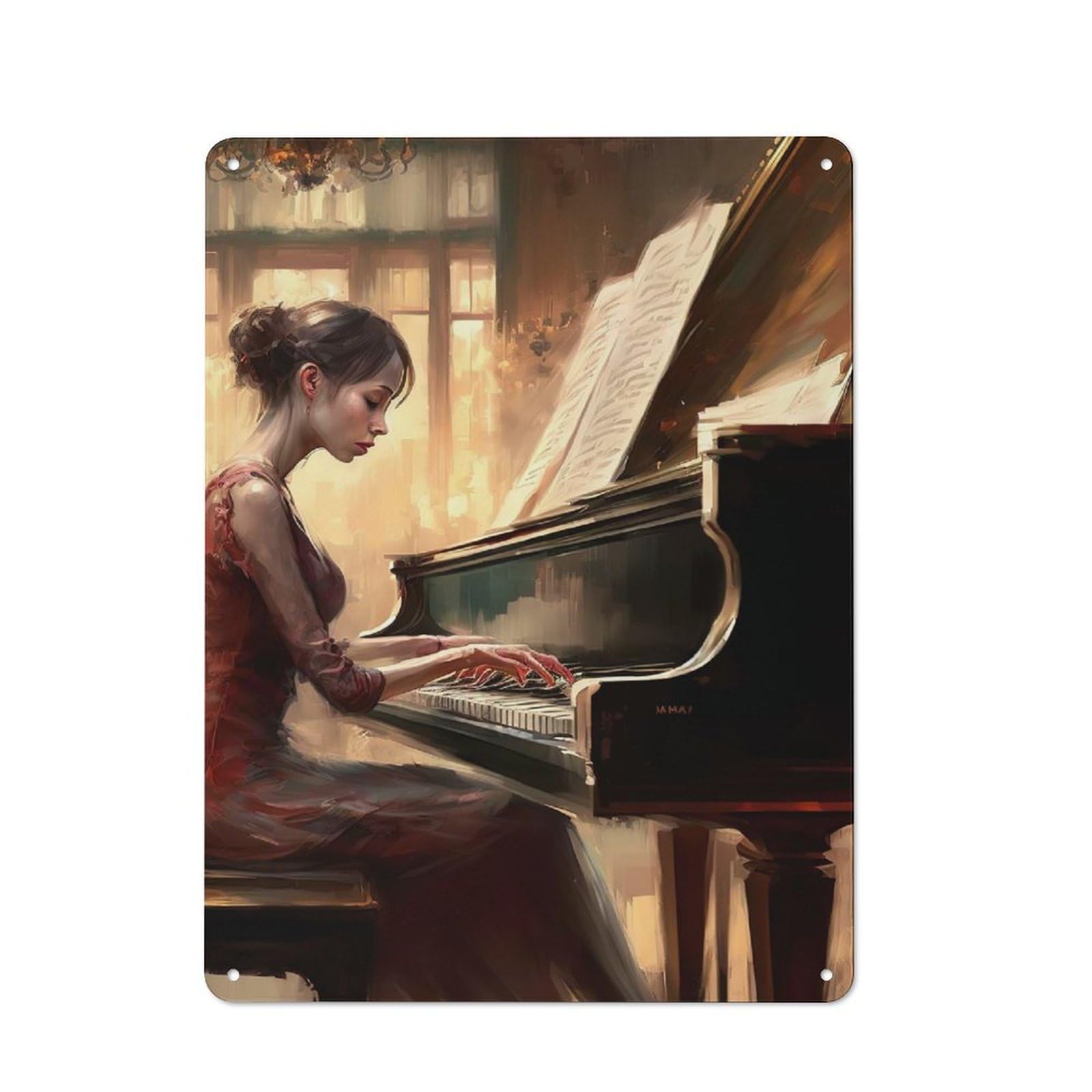 Junmoney Playing Piano Tin Wall Plaque With Design 40X30cm, Country Vintage Cottage Wall Art For Kitchen, Cottage, Porch Or Garden Room