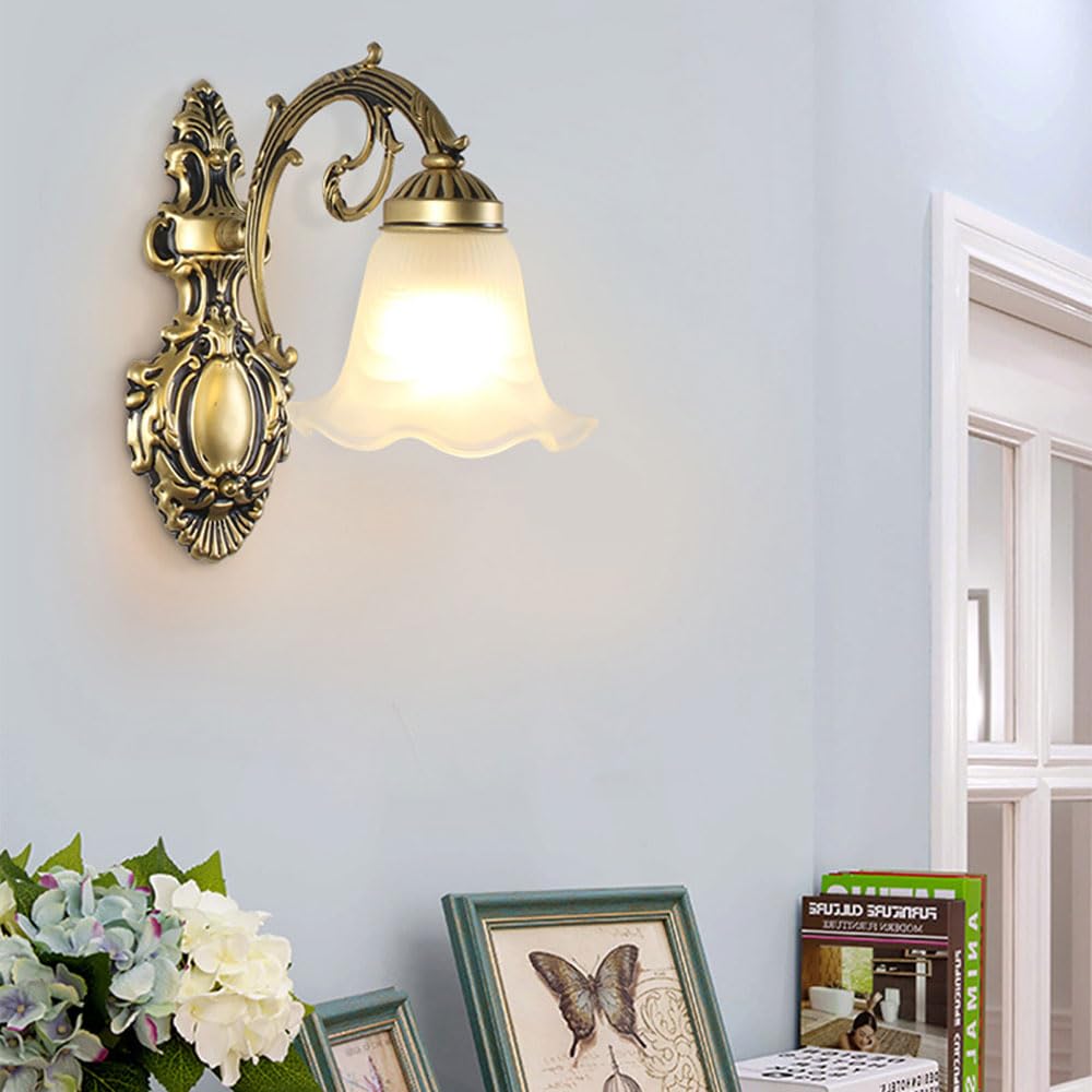 LED Kinkiet Ściany Vintage Retro Mocowany Oprawa z Mleczno-Białymi Szklanymi Abażurami do Salonu, Sypialni, Korytarza, E27 Styl Rustykalny Kwiatowy Średniowieczny