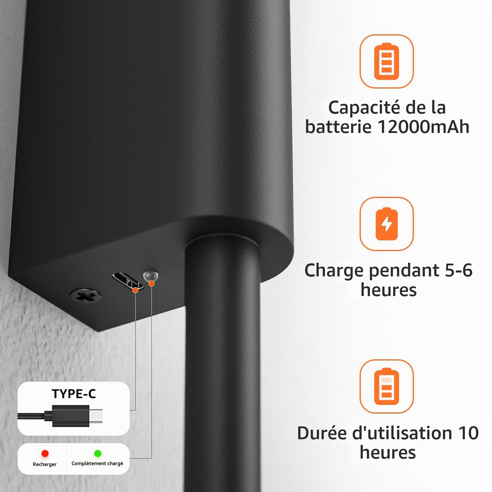 2 Pièces 100cm 9W Lampe Murale LED d'Intérieur Noir sans Fil