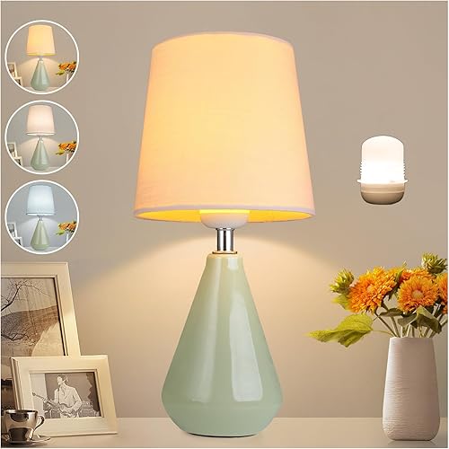 bdayanx Small Bedside Table Lamp for Bedroom - Reading Desk Lamp with 3 Way Dimmable Touch Control ，Nightstand Ceramic Lamp with Fabric Shade for Kids Room,Living Room,Dorm,Home Office (Green)