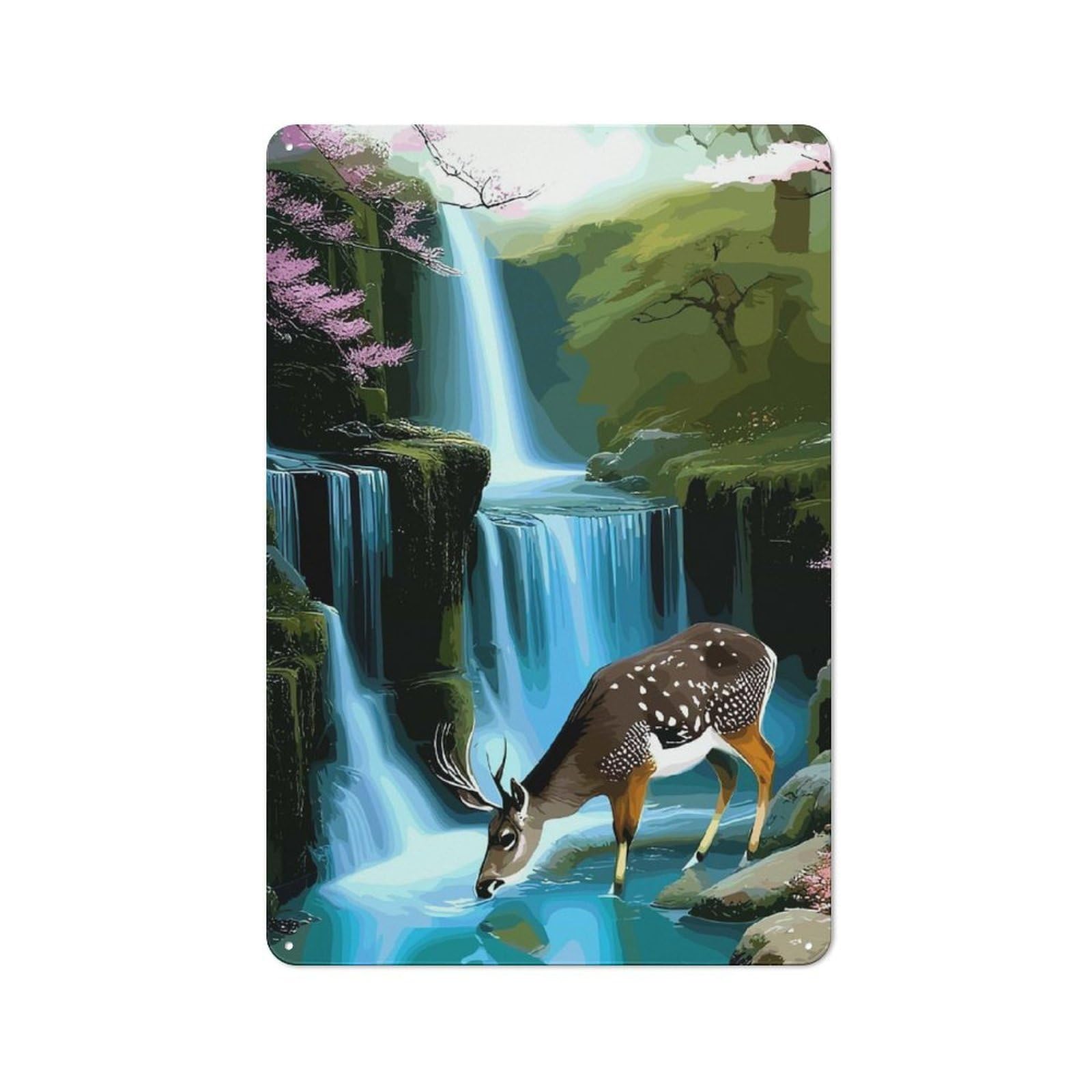 Junmoney Deer Drinking Water Near Waterfall Vintage Tin Sign 30X20cm Featuring Industrial Wall Art For Garage, Workshop, Shed Or Utility Room