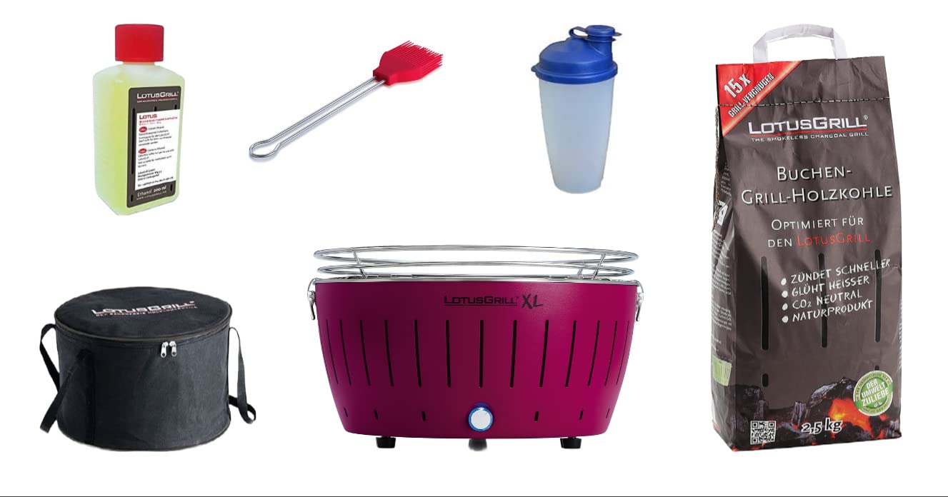 LotusGrill XL Starter Juego de 1 x lotusgrill XL Color Morado lila 1 x haya Carbón vegetal 1 kg, 1 x quemar 200 ml, 1 x Marini Pincel, 1 x Dressing Coctelera, 1 x bolsa