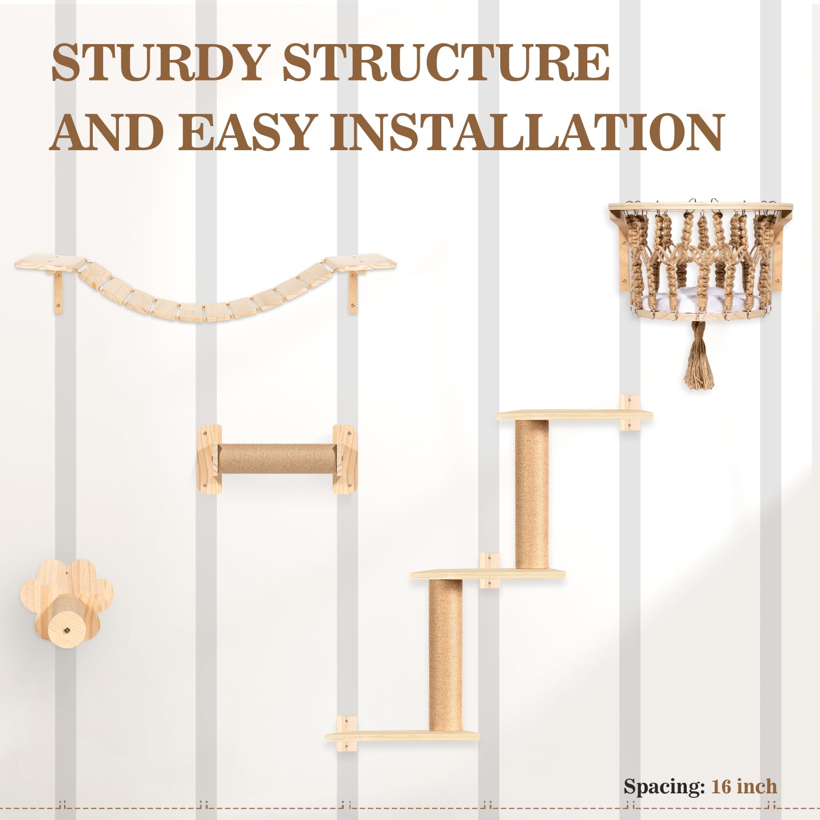 Cat Wall Shelves and Perches, Wall Mounted Cat Furniture with Hammock, Bridge, Tree, Steps and Scratching Posts, Wooden Climbing System for Indoor Large Cats and Kittens - image 8
