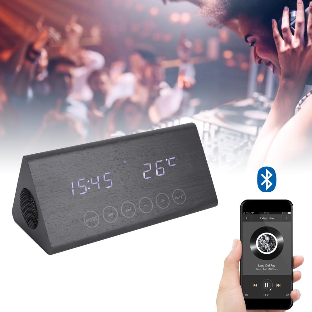 Despertador con Altavoz Bluetooth, Pantalla LED Digital, Termómetro, Radio FM, 5 Alarmas Musicales, para Uso en el Dormitorio de la Oficina en casa (Madera Negra y Letras Blancas.)