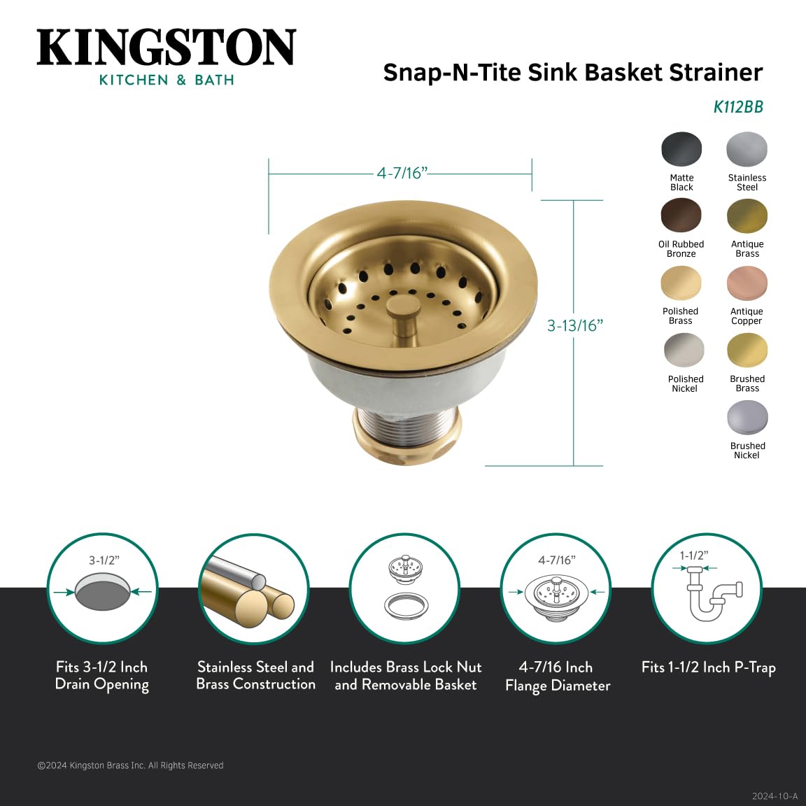 Kingston Brass K112MB Tacoma Kitchen Sink Basket Strainer, Matte