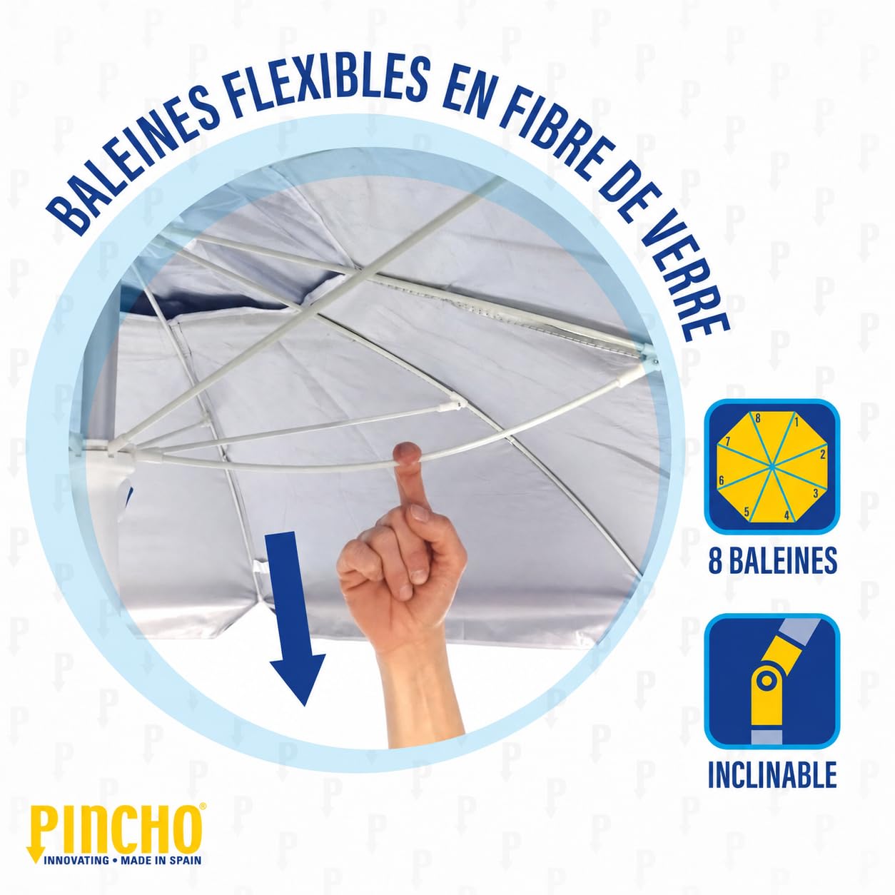 Pincho Grand parasol de plage 240 cm d'arc, anti-vent jusqu'à 35 km/h, protection UV 50, matériaux de qualité, 8 baleines en fibre de verre, bâton inclinable
