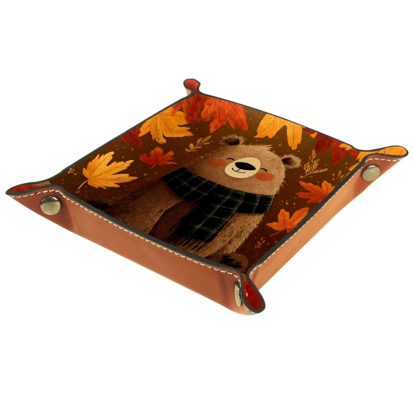 VAPOKF Maple Bear Portable Dice Rolling Tray, Microfiber Leather Dice Holder Game Box for D&D, RPG, Table Games or Desktop Phone Key Storage, 20.5 × 20.5 cm