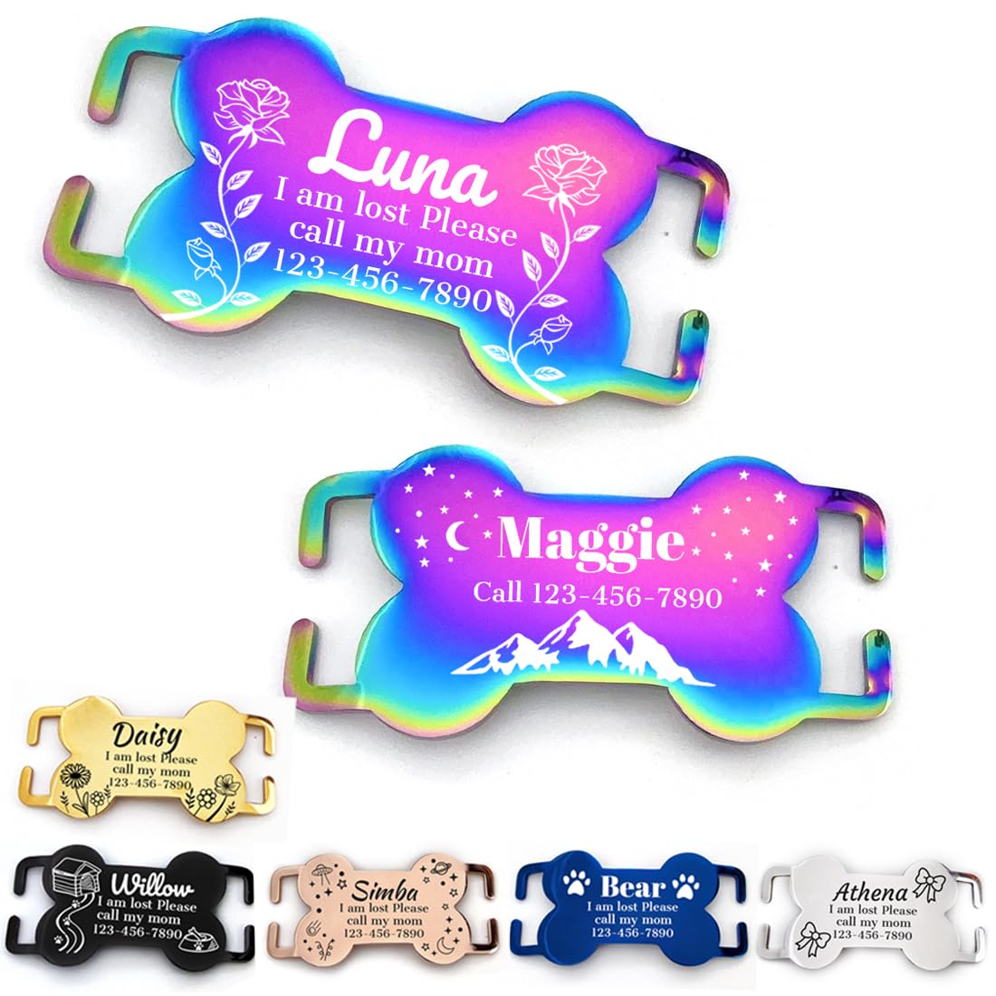 Diaoketags Slide On Dog Tags, Curved Personalized pet Tags, Silent Dog Tags Personalized, No Noise Stainless Steel, Custom Engraved in 3 Sizes for