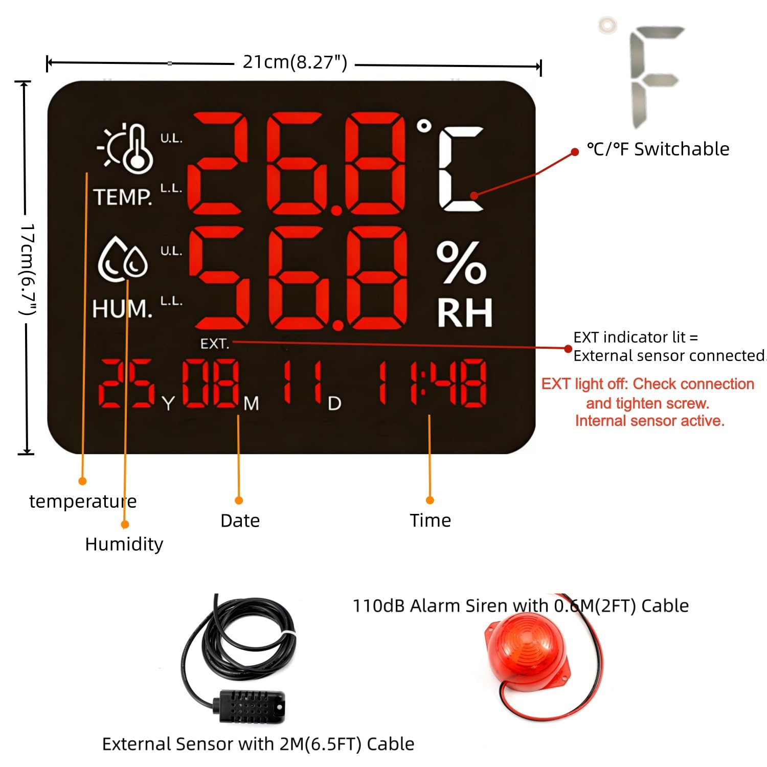 Termómetro de pantalla grande, luz de advertencia de temperatura grande, máximo mínimo para monitorear alta y baja temperatura, sensor de humedad, alerta de alarma, termómetro higrómetro con hora y