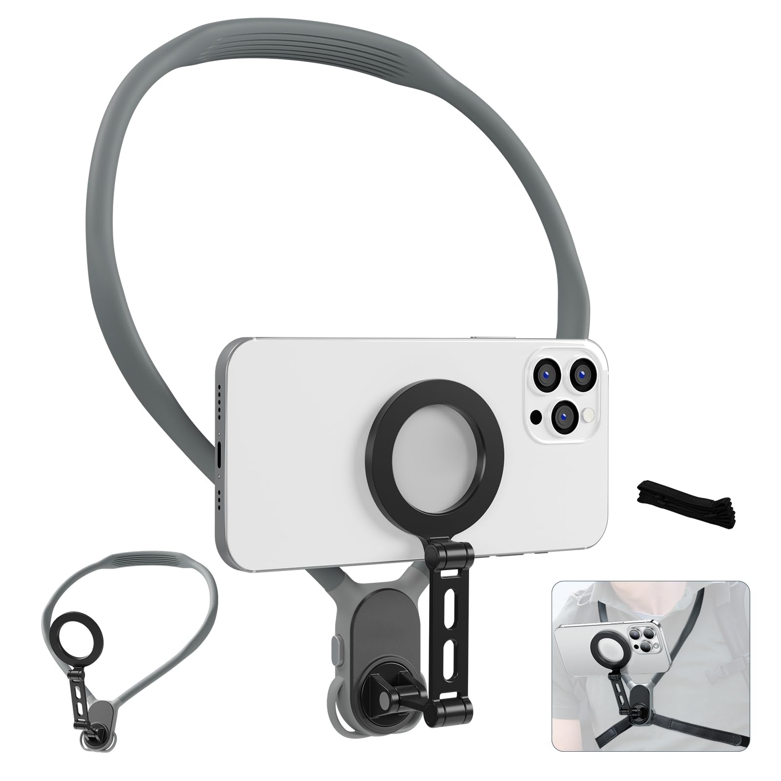 Support de Téléphone pour Le Cou Max.70cm Support Magnétique pour Le Cou pour Téléphone pour Les POV Vlog pour iPhone 17 16 15 14 13 12 Android Phones (Gris avec Harnais)