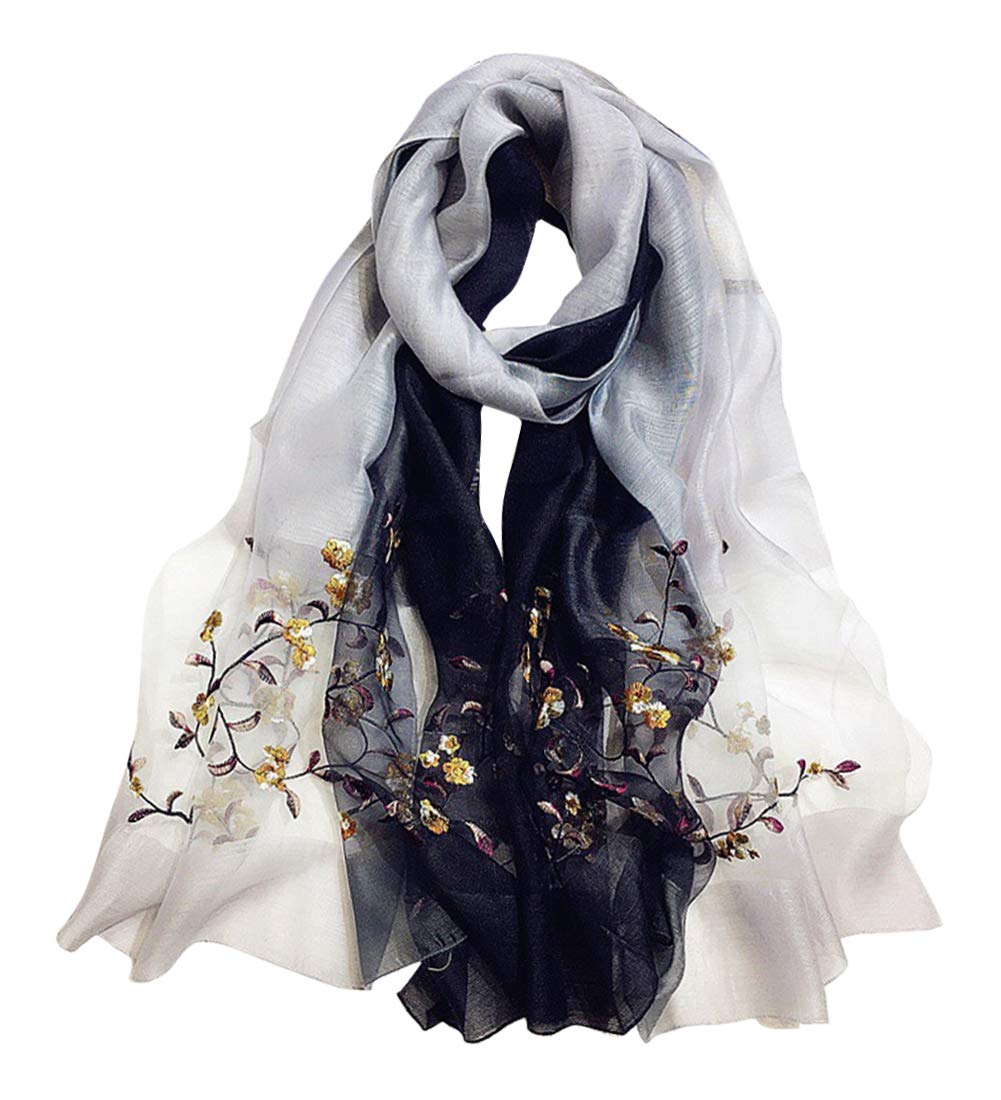 GOFINEE Women Silk&Wool Gradient Embroidered Scarf Headwrap Shawl