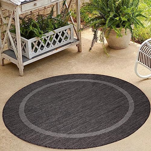 HomebyHome In & Outdoor Teppich Wetterfest Sisal Optik Schwarz 120 cm Rund - Balkon Teppich Wasserfest, Waschbar, Flachgewebe - Ideal für Küche, Camping, Garten und Terrasse