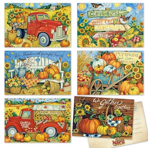 AnyDesign 36Pcs Fall Postcards Pumpkin Truck Post Cards Assortment 6 Designs Greeting Cards for Autumn Harvest Thanksgiving Party Favors Supplies, 4 x 6 Inch