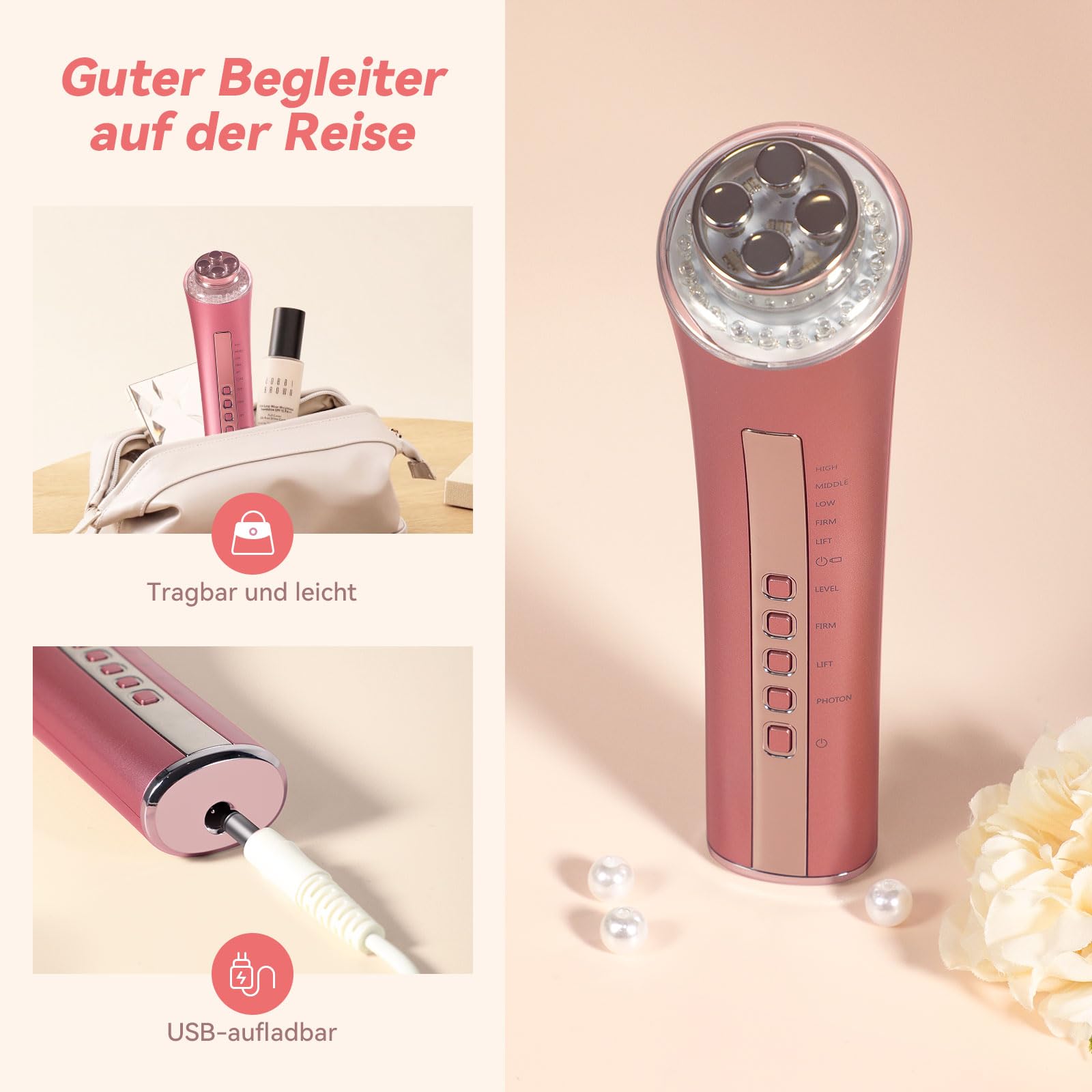 CARER BEAUTY Gesichtsmassagegerät Gegen Falten RF Schönheitsgerät mit 3 LED Licht EMS Phototherapie für Anti-Aging Faltenreduzierung feine Linienreduktion