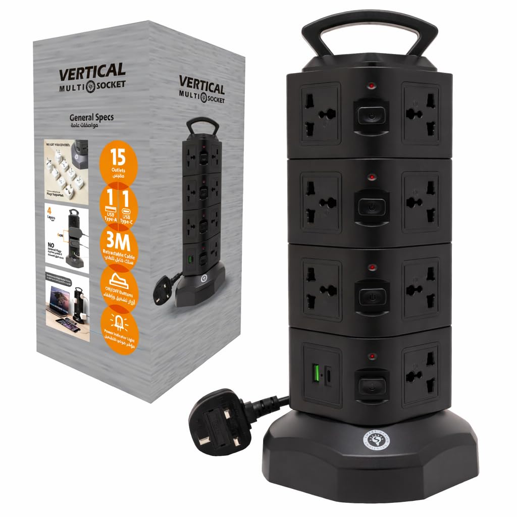 Power Extension Tower Surge Protected – 15 Power Outlets with Integrated USB Ports, 3M Cable, Vertical Space-Saving Design (4 Layers-Black)
