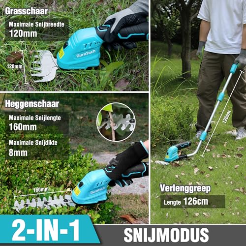 DURATECH 12V accu heggenschaar met telescoopsteel, 2-in-1 tuinschaar accu met 2Ah accupak & oplader, grasrandensnijder elektrische grasschaar, grastrimmer voor tuinieren - Afbeelding 6