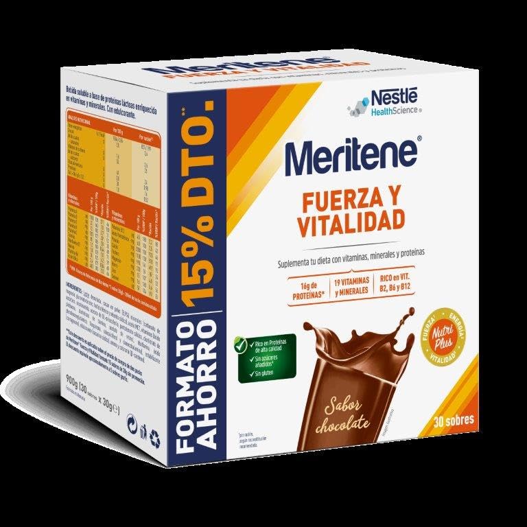 Meritene Batidos Sabor Chocolate Fuerza y Vitalidad Proteínas Vitaminas Minerales 30 Sobres 900 gr