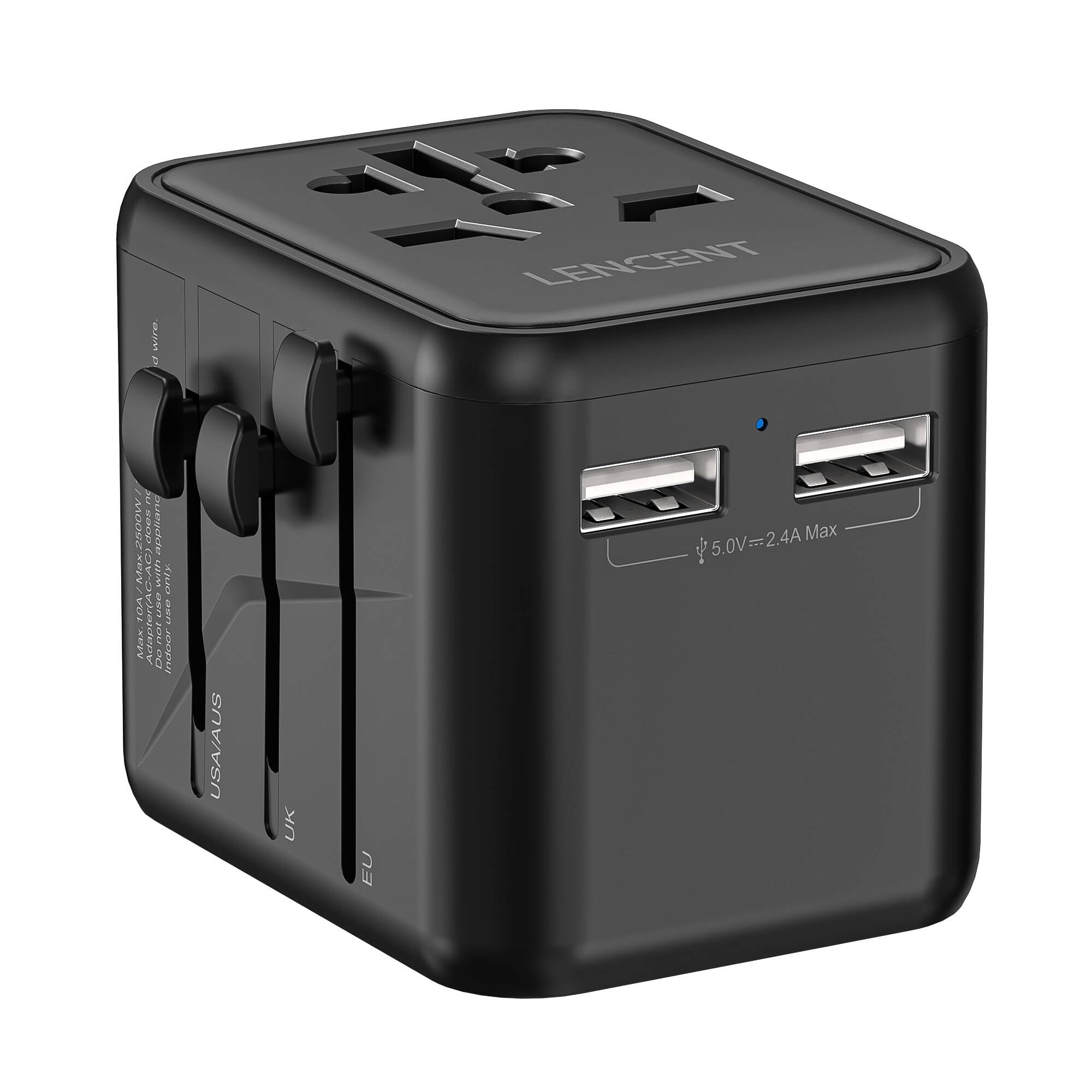 LENCENT Adattatore Spina Universale, Presa Internazionale con 2 Porte USB, Caricatore Spina da Viaggio per Europa, Stati Uniti, Canada, Regno Unito e Australia, Mini & Compatto, per 200+ Paesi -Nero