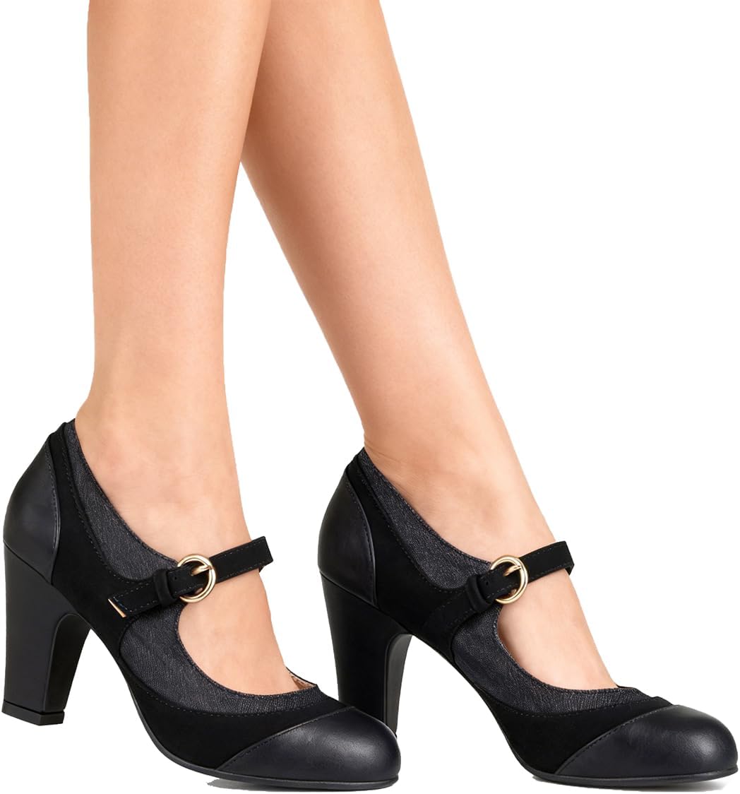 SHODENSE Women Kitten Heel Mary Jane Pumps Closed Round Toe Ankle Strap Patchwork Comfy 3” Mid Chunky Mary Jane Heels Cap Toe Two Tone Buckle Dress Shoes Ladies Wedding Vintage 4-11 M US - Image 2