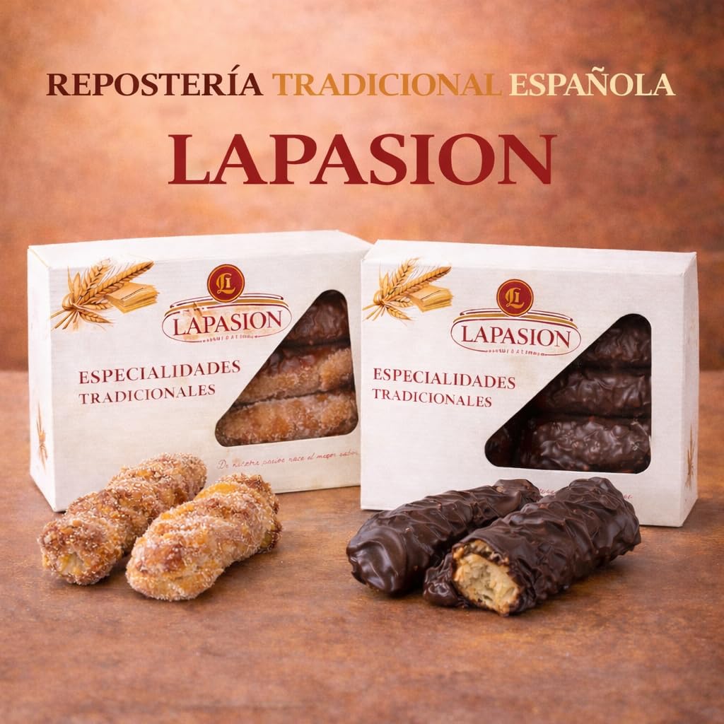 Pack Surtido Rizos de Hojaldre LaPasion | Lazos Jugosos con Azúcar + Chocolate Bombón | 2 x 550g (25 uds aprox.) | Dulces Tradicionales Españoles | Repostería Artesana para Café y Merienda