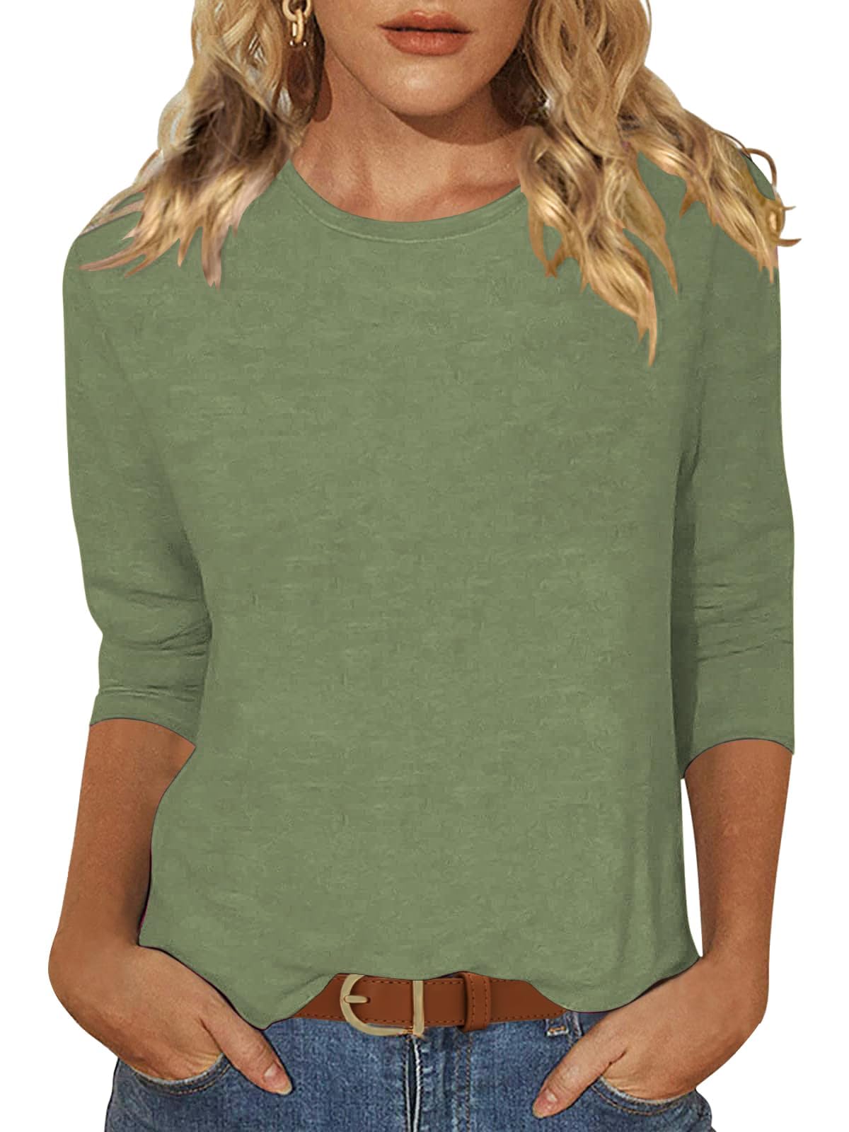 Enqoole T Shirt Damen 3/4 Arm Shirt Locker Rundhals Basic Tshirt Casual Tunika Sommer Einfarbige Blusen