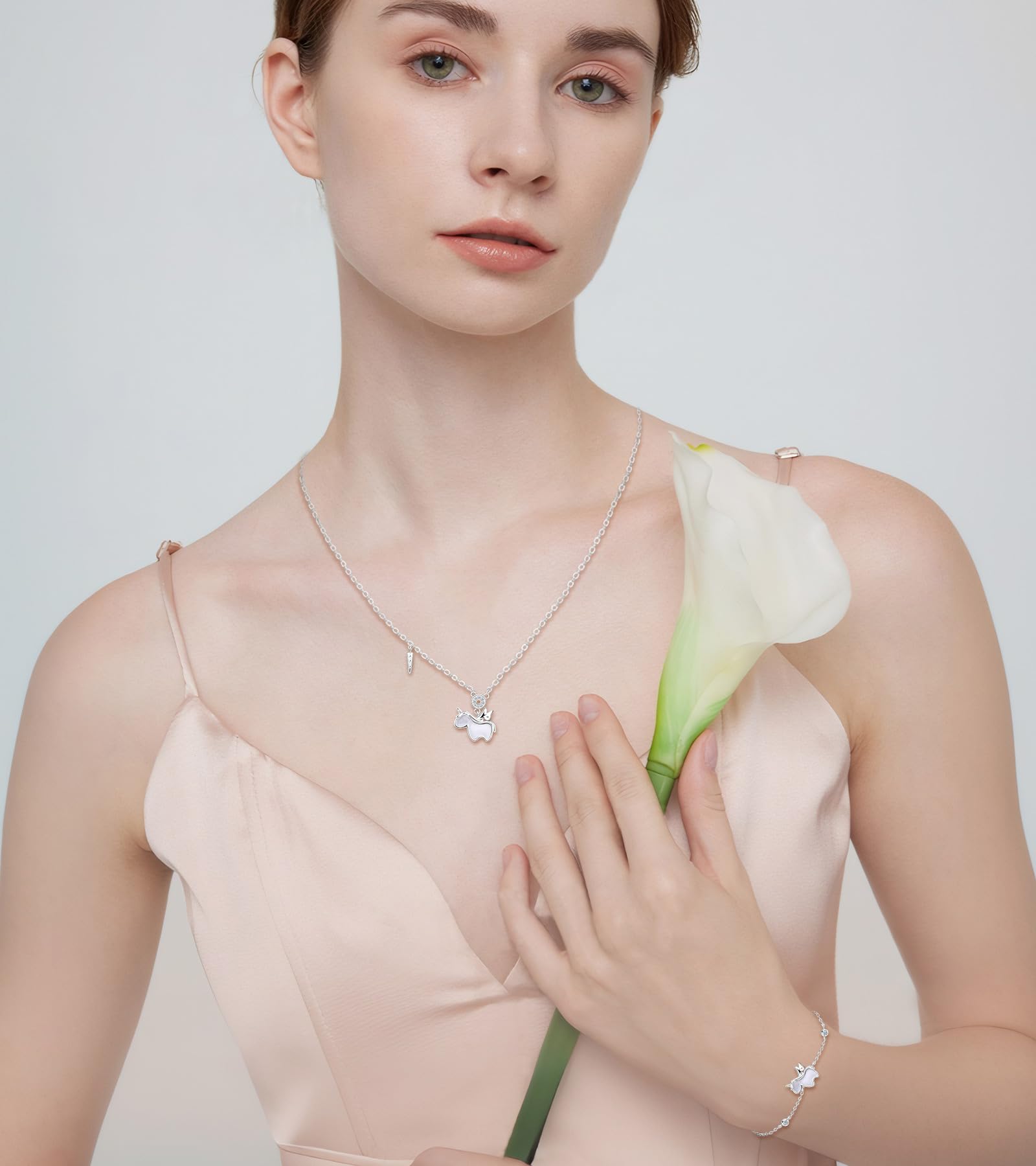 Juegos de Joyas para Mujer y Niñas, Collar y Pulsera de Plata Unicornio, Colgante Unicornio con Madreperla Cadena 39+4cm, Plata de Ley 925 Conjuntos Joyas Fiesta Cóctel