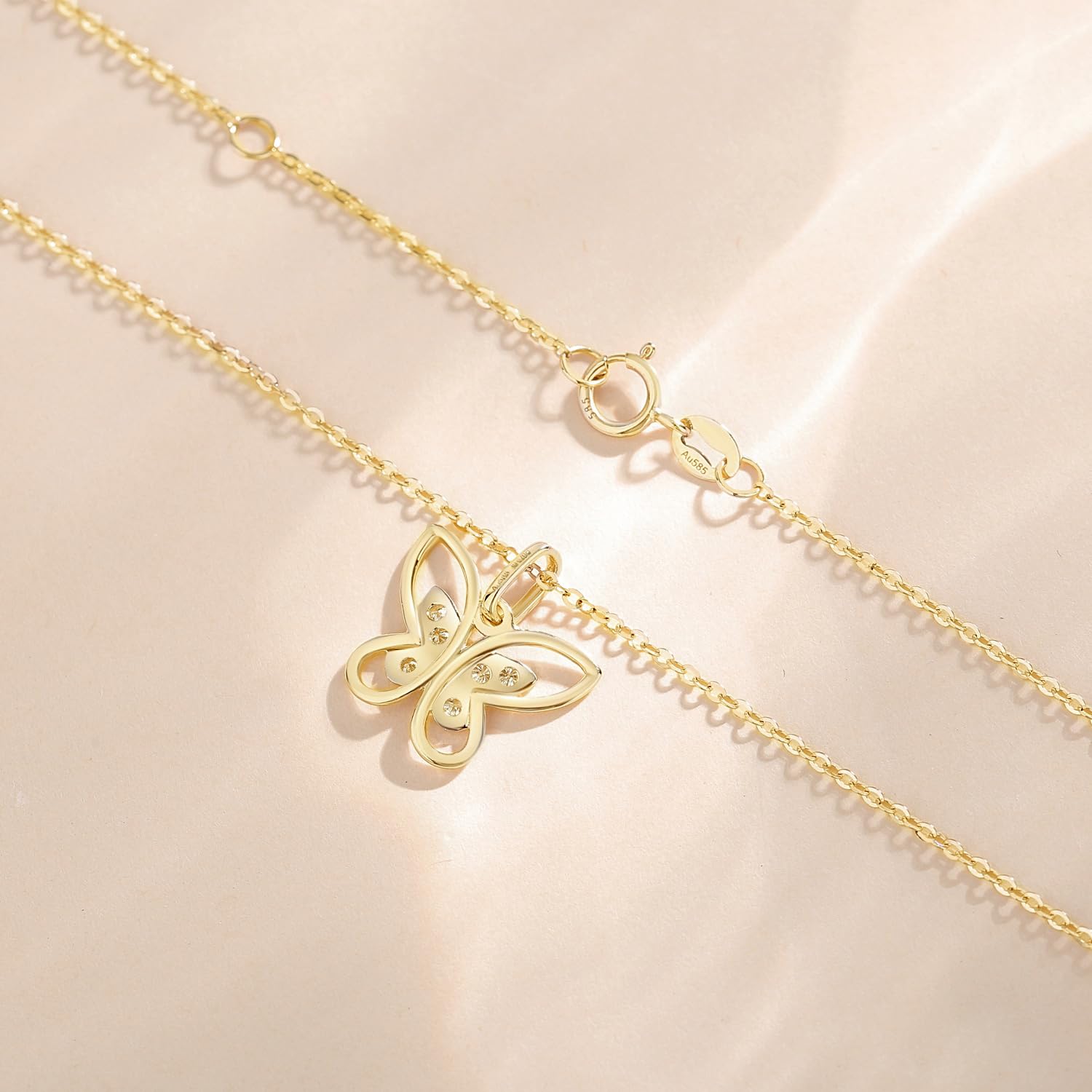 FANCIME Solide 14 Karat 585 Gelb Gold Damen Kette mit Schmetterlings Anhänger Halskette Valentinstag Geschenkschmuck für Damen Mädchen, Echter Diamant 0.07 ct, Verstellbar Kettenlänge: 40 + 5 cm