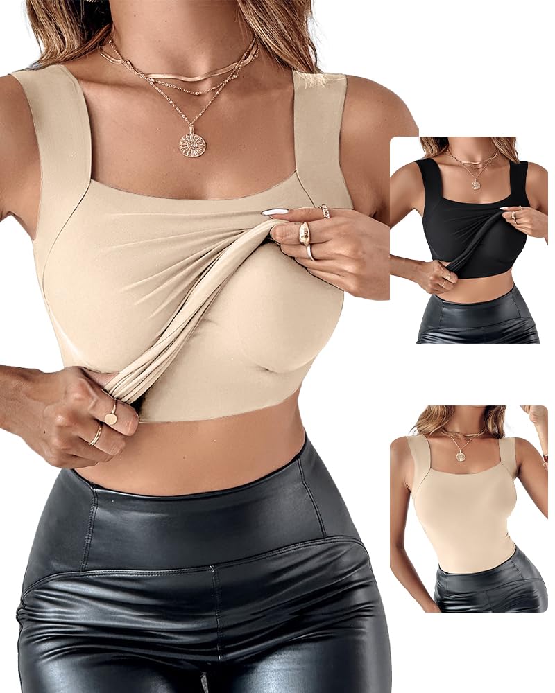 CHICME Womens U Neck Shapewear Built-in Bra Tank High Strechy Sleeveless Slim Fit Tops Camisole Workout Tops