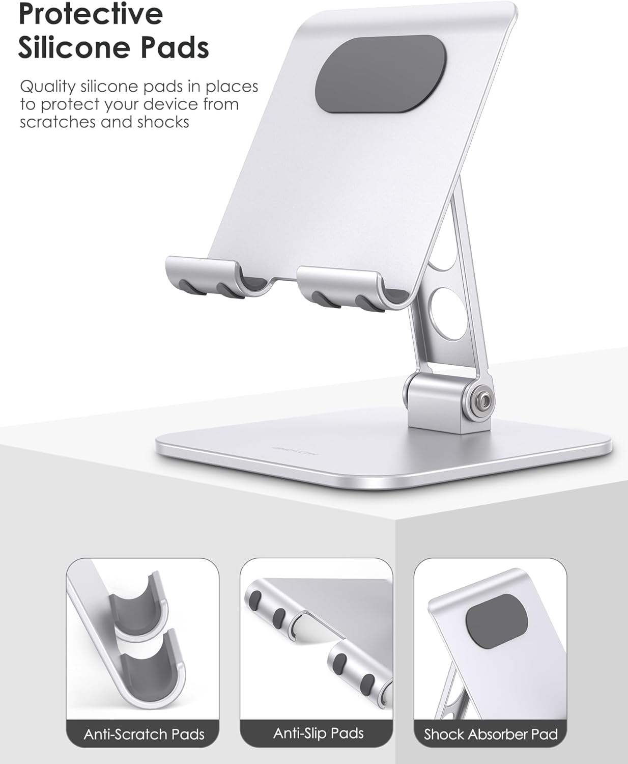 Close-up of the OMOTON T5 stand highlighting protective silicone pads on the device holder and base.