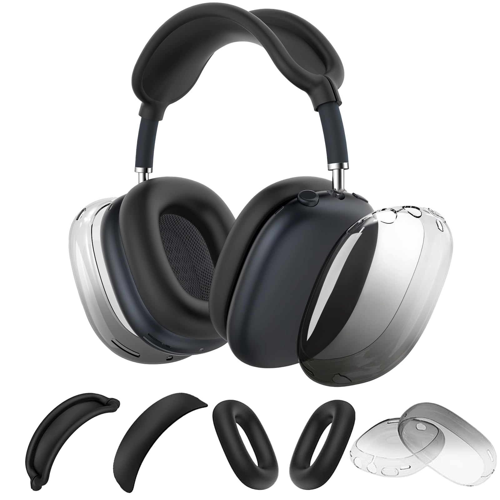 Photo 1 of 4 in 1 Silicone Case for AirPods Max Headphones (2024/2020), Clear Gradient Soft TPU Ear Cups/Ear Pad Cover/Headband Cover Transparent Accessories Case Protector for Airpods Max (Black)