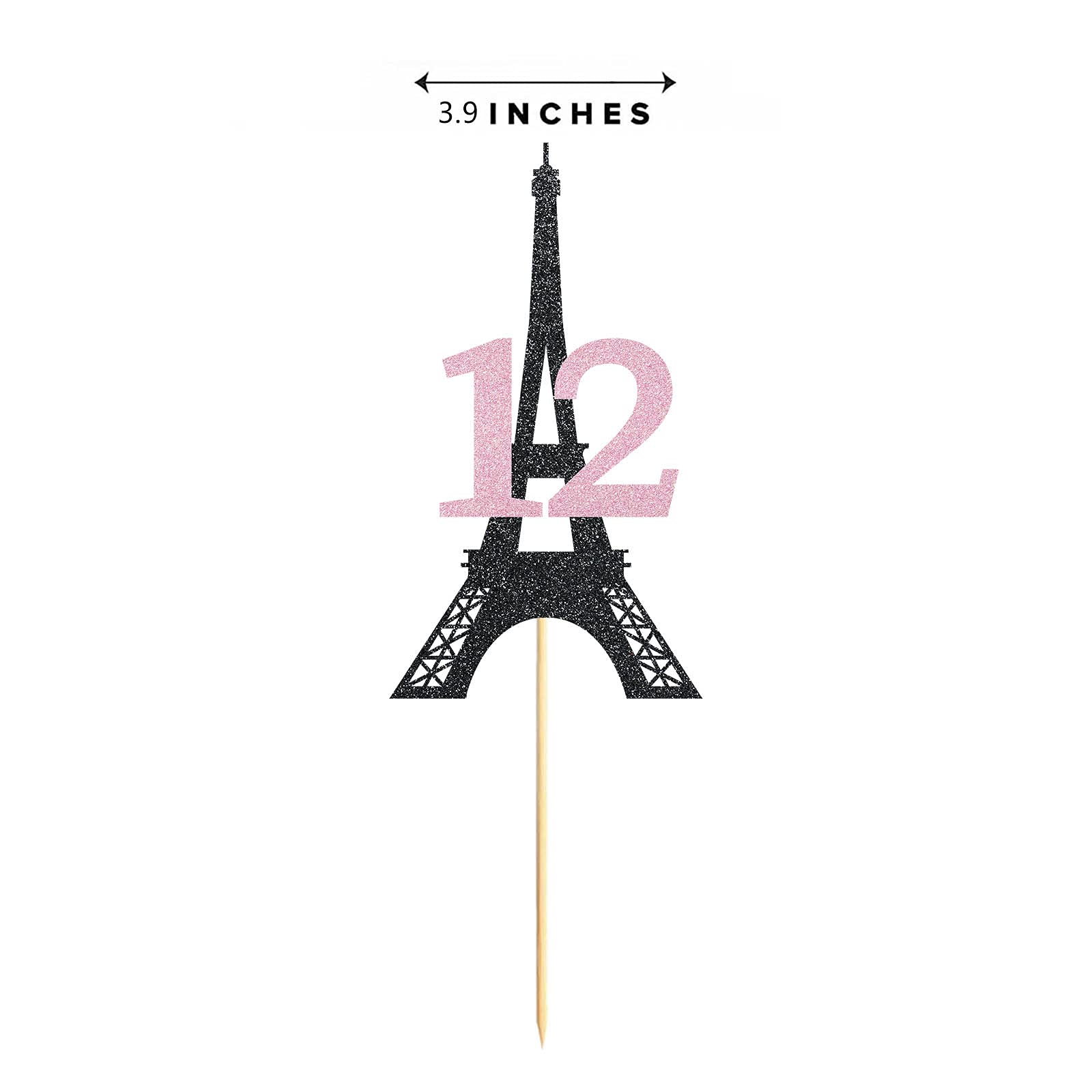 Paris Theme 12th Birthday Cake Topper - Black & Pink Glitter '12 Years Old' Decoration
