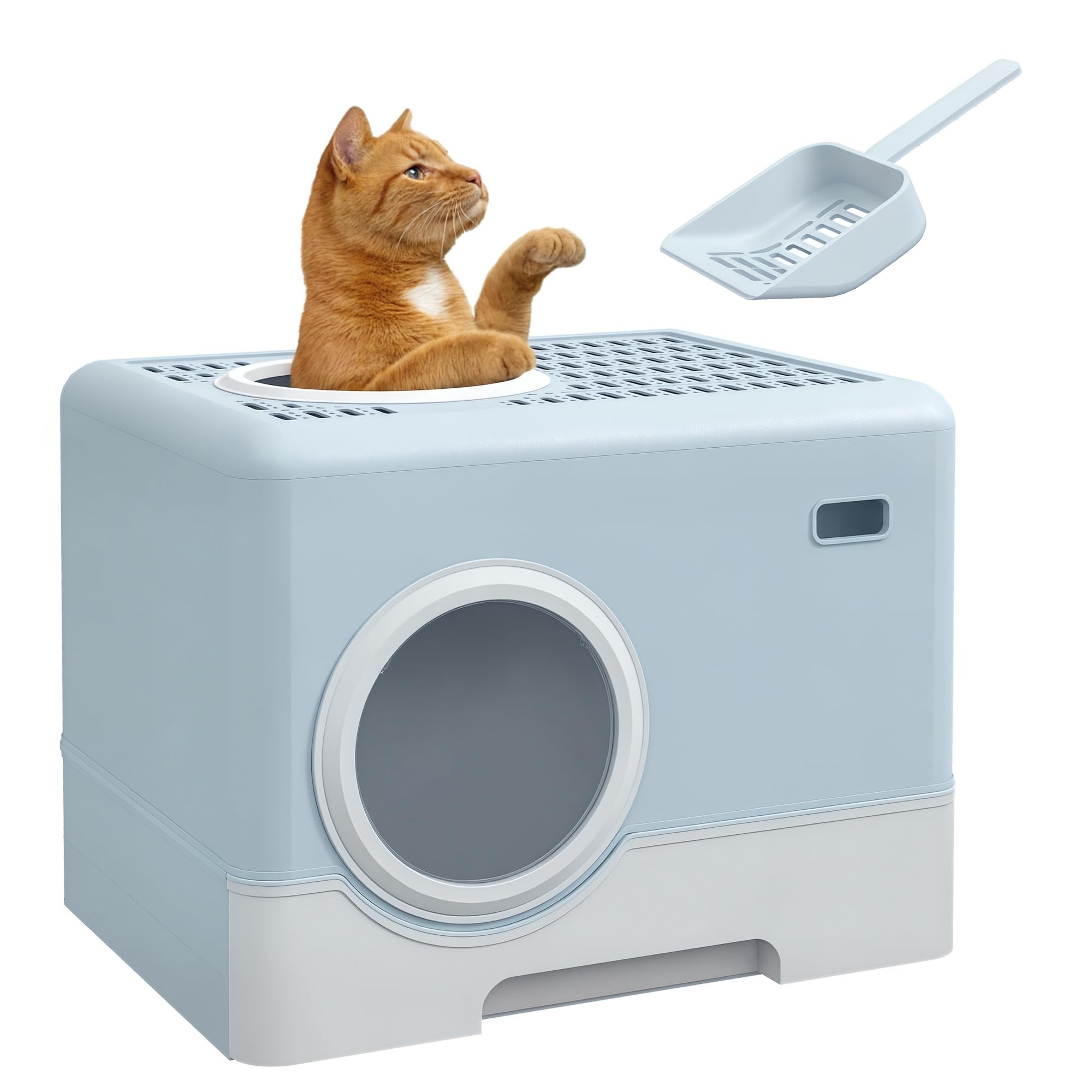 PawHut Arenero para Gatos Cubierto, Caja de Arena para Gatos con Bandeja Extraíble, Entrada Frontal y Salida Superior, Pala, Fácil de Limpiar, Antifugas, Azul